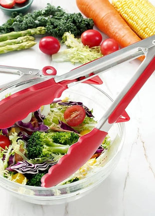 Silicone Tongs for Air Fryer, 2 Pack, Red Color, Premium Silicone BPA Free Non-Stick Stainless Steel Locking Food Tongs, 9-Inch and 12-Inch