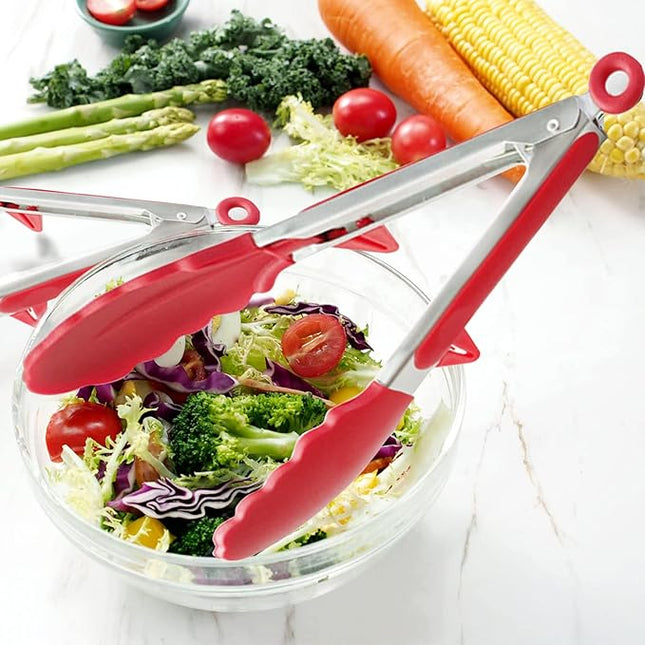 Silicone Tongs for Air Fryer, 2 Pack, Red Color, Premium Silicone BPA Free Non-Stick Stainless Steel Locking Food Tongs, 9-Inch and 12-Inch