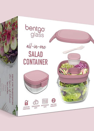 Bentgo Glass All-in-One Salad Container - Large 61-oz Salad Bowl with Lid, 4-Compartment Bento-Style Tray, 3-oz Sauce Container, and Reusable Fork - Dishwasher, Microwave, and Oven Safe (Rose)