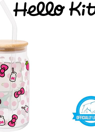Silver Buffalo Sanrio Hello Kitty Strawberry Milk Bow Pink Polka Dot Glass Jar Tumbler with Bamboo Lid and Glass Straw, 16 Ounces (Pack of 12)
