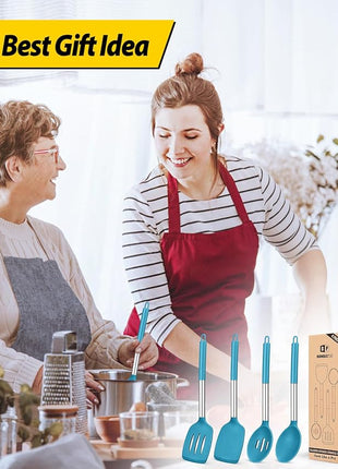 Pack of 4 Silicone Cooking Utensils Set, Non Stick Large Solid Spatulas, Heat Resistant Blue Slotted Spoons, Ideal BPA Free Kitchen Turners for Frying, Mixing,Serving,Draining,Turning,Stirring