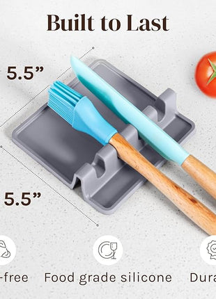 Silicone Spoon Rest for Stove Top with Drip Pad (2 Pack) - Heat Resistant BPA Free Utensil Rest & Kitchen Spoon Holder for Kitchen Counter - Grill Countertop - Spatula Holder, Tongs, Ladle - Gray