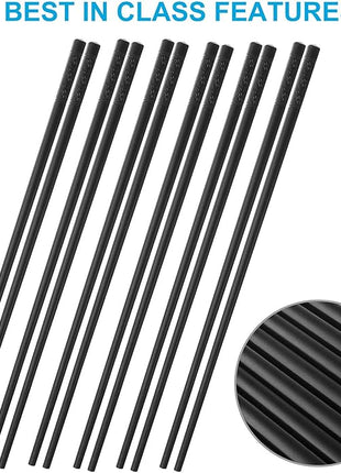 10 Pairs Fiberglass Chopsticks Family Set, ONEHERE Reusable Chinese, Japanese, Korean Chop sticks, Dishwasher Safe, Non-slip, for Sushi, Noodles, Food, Hotpot& Cooking, 9.5 inches, Classic Black