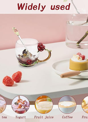 Enamels Butterfly Flower Tea Cup, Glass Coffee Mugs with Spoon, Gifts for Birthday Valentines Mothers Day Graduation Christmas, Presents for Women Wife Mom Her Grandma Girls Teacher Friends