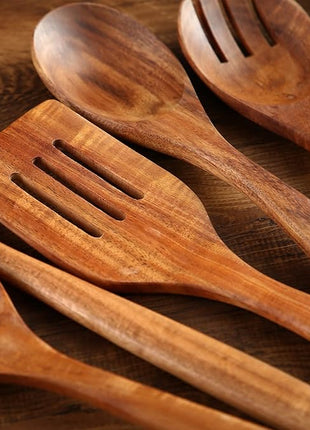 Wooden Kitchen Cooking Utensils Set, NAYAHOSE 7 Pcs Natural Teak Wooden Spoons and Spatulas for Non-stick Pan