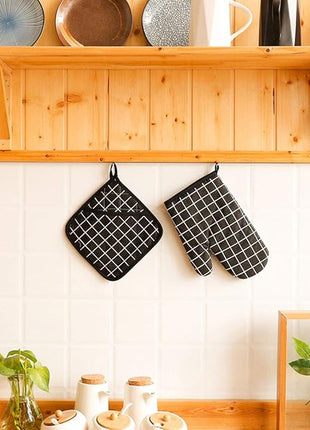 Oven Mitts and Potholders BBQ Gloves-Oven Mitts and Pot Holders with Recycled Infill Silicone Non-Slip Cooking Gloves for Cooking Baking Grilling (4-Piece Set,Black)