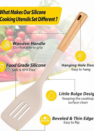 Pack of 4 Silicone Kitchen Utensils Set, Non Stick Solid Spatulas and Heat Resistant Slotted Spoons with Wooden Handle, Ideal BPA Free Cooking Utensils for Mixing,Serving,Turning,Stirring(KHAKI)