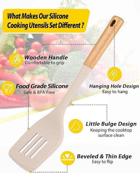 Pack of 4 Silicone Kitchen Utensils Set, Non Stick Solid Spatulas and Heat Resistant Slotted Spoons with Wooden Handle, Ideal BPA Free Cooking Utensils for Mixing,Serving,Turning,Stirring(KHAKI)