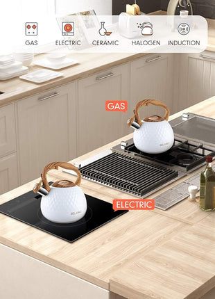 BELANKO 2.7 Quart Tea Kettle for Stovetop - Food Grade Stainless Steel with Diamond Texture, Designer Teapot Look, Cool-Touch Wood Pattern Handle, Whistling Spout - Gloss White