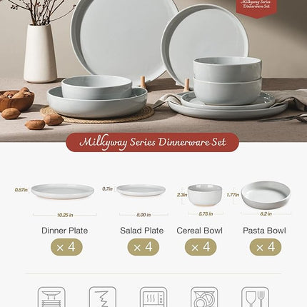 Famiware Milkyway Stoneware Dinnerware Sets with Pasta Bowls, Service for 4 (16 Pieces), Plates and Bowls Sets -Scratch Resistant, Microwave and Dishwasher Safe Dishes Set, Light Gray