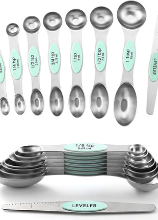Spring Chef Stainless Steel Magnetic Measuring Spoons Set of 8 with Leveler, Metal Teaspoon & Tablespoon Measuring Spoons, Fits in Spice Jars, Kitchen Gadgets for Baking & Cooking - Set of 2 - Mint