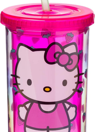 Silver Buffalo Sanrio Hello Kitty Strawberry Pattern Plastic Cold Cup with Lid and Straw, 20 Ounces