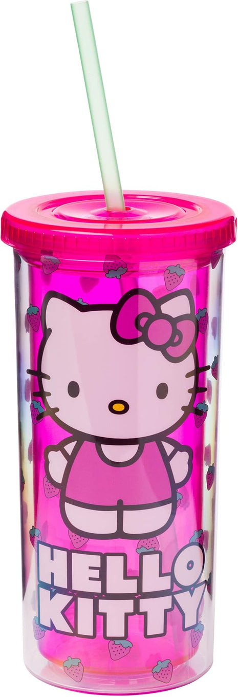Silver Buffalo Sanrio Hello Kitty Strawberry Pattern Plastic Cold Cup with Lid and Straw, 20 Ounces
