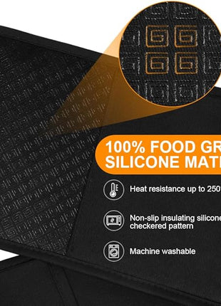 AUAUY Black Double Oven Mitts, 250°C/482°F Heat Resistant BBQ Mittens with Ropes, Silicone Non-Slip Design Kitchen Mittens, Cooking Glove Top Kitchen Gadgets for Cooking Baking Grilling