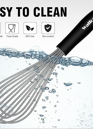 Walfos Whisk, Silicone Whisks Set of 5, Mini Stainless Steel Whisk 7in+5in and Non Scratch Coated 7+9+11in Whisks, Suitable for Blending, Whisking, Beating, Frothing & Stirring. (Grey)