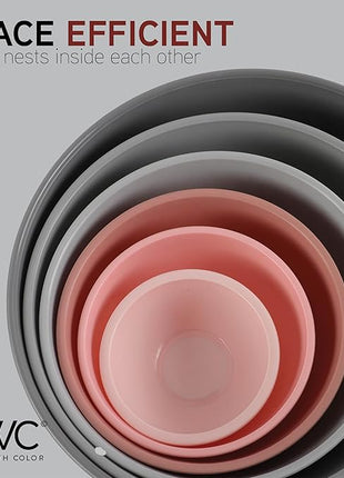 COOK WITH COLOR Mixing Bowls with Lids - 12 Piece Plastic Nesting Bowls Set includes 6 Prep Bowls and 6 Lids, Non Slip Bottom and Embossed Design - Microwave Safe (Pink)