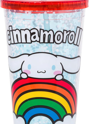Silver Buffalo Sanrio Hello Kitty and Friends Cinnamoroll Rainbow Plastic Confetti Cold Cup with Lid and Straw, 32 Ounces