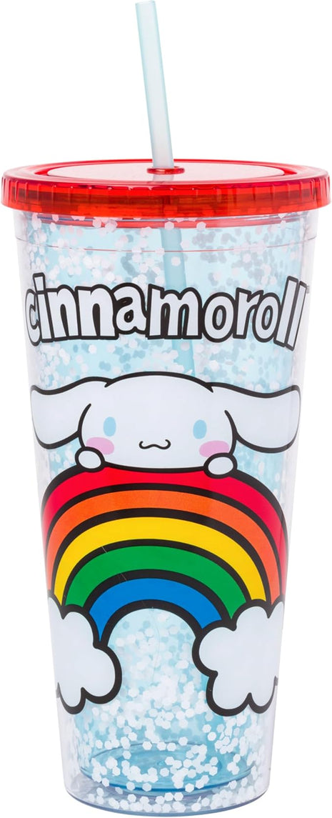 Silver Buffalo Sanrio Hello Kitty and Friends Cinnamoroll Rainbow Plastic Confetti Cold Cup with Lid and Straw, 32 Ounces