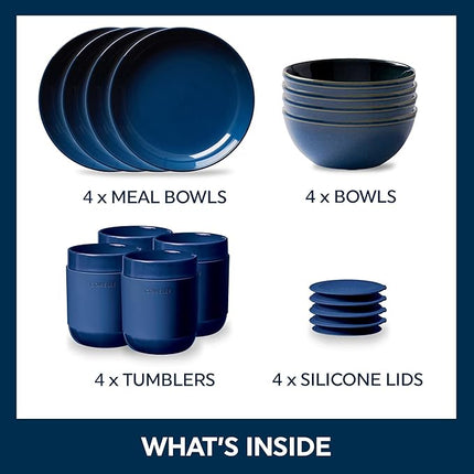 Corelle Stoneware Dinnerware Set, Handmade Reactive & Solid Glazed Ceramic Plates and Bowls, Modern Rustic Style Round Dishes, Service for 4, Navy 16 PIECE SET