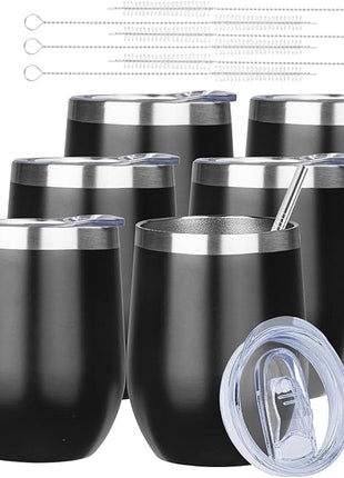 MEZMUT 12 Oz Insulated Wine Tumbler with Lid Double Wall Vacuum Stainless Steel Wine Glass Coffee Mug Insulated Tumbler Cup for Champaign, Cocktail, Beer (Black, 6 Pack)