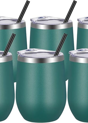 VEGOND Wine Tumblers Bulk 6 Pack, 12oz Stainless Steel Stemless Wine Glass with Lids and Straws, Double Wall Vacuum Insulated Tumbler Cup, Coffee Mug for Cold Hot Drinks