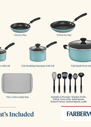 Farberware Cookstart DiamondMax Nonstick Cookware/Pots and Pans Set, Dishwasher Safe, Includes Baking Pan and Cooking Tools, 15 Piece - Aqua