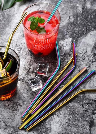 [24 PCS] Value Pack Reusable Stainless Steel Straws in Bulk Extra Long 10.4 inch Colorful,Tomorotec Metal Straw Sets with Cleaning Brushes,12 Straight 12 Bent For Tumblers Beverage Drink Cocktail