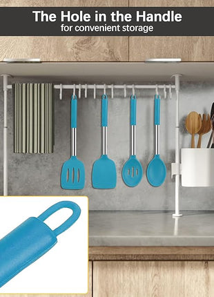 Silicone Spatula Spoon Set, 4 PCS Silicone Cooking Utensils Spatula Spoon Set with Stainless Steel Handle, BPA Free Kitchen Turners for Frying, Mixing, Serving, Draining, Turning, Stirring, Blue