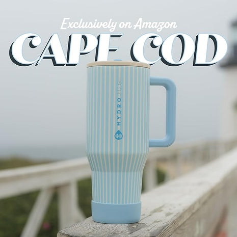 HydroJug Traveler - 32 oz Water Bottle with Handle & Flip Straw - Fits in Cup Holder, Leak Resistant Tumbler-Reusable Insulated Stainless Steel & Rubber Base - Gifts for Women & Men, Cape Cod