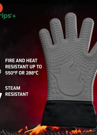 Ekogrips+ Premium Silicone Oven Mitts - Comfy, Waterproof, Heat Resistant BBQ Gloves for Grilling, Long Cuff for Added Protection, 5 Finger Dexterity, 3 Sizes, 4 Colors, L/XL, Grey
