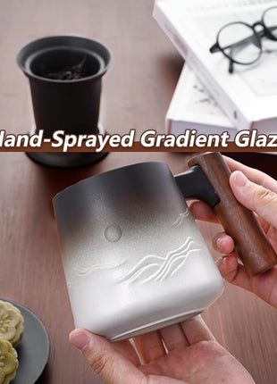 ZENS Tea Mug with Infuser and Lid for Loose Leaf Tea Steeper, 14.5 oz Embossed Ceramic Tea Cup with Fine Strainers and Wood Handle, Diffusers Accessories for Tea Lovers Gifts