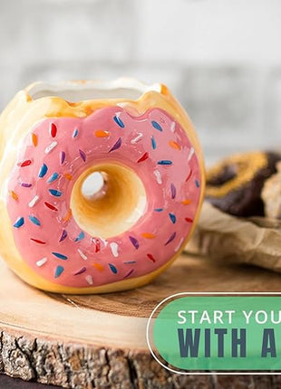 Comfify Ceramic Donut Mug – Pink Glaze with Sprinkles – Funny “MMM... Donuts!” Quote – 14 oz Coffee Cup for Tea, Hot Chocolate, and More – Giftable Novelty Drinkware