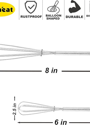 Anaeat Small Wire Whisk Set of 2, Portable Stainless Steel Kitchen Tiny Whisk & Egg Beater with Thick Wire - Sturdy Mini Mixing Balloon for Cooking, Blending, Whiping, Beating and Stirring (6" + 8")