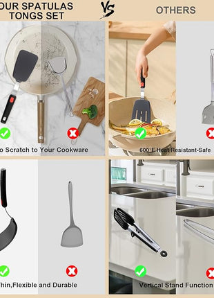 4PCS Flexible Silicone Spatula Turner Set and Kitchen Food Tongs with Silicone Tips, 600F Heat Resistant, Ideal for Flipping Eggs, Fish, Burgers, Pancake and Strong Grip on Salads, Pasta, Steaks, BBQ