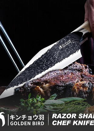 Golden Bird Meat Cleaver Knife - 8 Inch Viking Knife, Full Tang Butcher Knives for Meat Cutting, High Carbon Steel Cleaver with Ergonomic Wood Handle,Great for Outdoor Camping,Christmas Gifts for Men