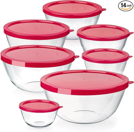 7 Stackable Space-Saving Nesting Glass Bowls with Pink Lids for Foodprep, Storage, Baking, Mixing & Cooking, Microwave Safe - Durable Inert Borosilicate Glass