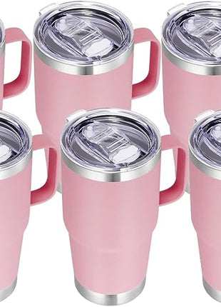 VEGOND 20 oz Tumbler Bulk with Handle Lid and Straw, Stainless Steel Insulated Travel Coffee Mug Set, Spill Proof Double Wall Metal Tumblers Cups, Pink 6 Pack