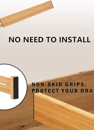 BAMEOS Drawer Dividers kitchen Organization Bamboo Utensil Organizers for Kitchen Bedroom Bathroom Dresser Office 4-pack