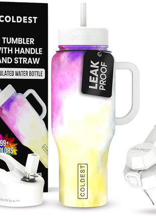 Coldest Tumbler with Handle and Straw, 100% Leak Proof Insulated Tumbler with Lid and Straw (3 Lids), Stainless Steel Tumblers for Women & Men, Cup Holder Friendly, 36 oz (Clouds of Tie Dye)