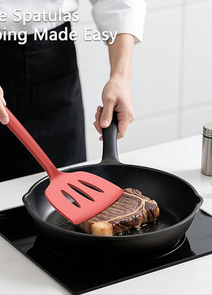 Coukre 3 Pack Silicone Spatula Set, High Heat Resistant, BPA-Free, Fish Spatula, Solid & Slotted Turner for Non-Stick Pans, Flipping Eggs, Pancakes, Fish, Burgers (3, PureRed)