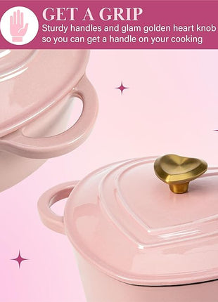 Paris Hilton Enameled Cast Iron Dutch Oven Heart-Shaped Pot with Lid, Dual Handles, Works on All Stovetops, Oven Safe to 500°F, 2-Quart, Pink