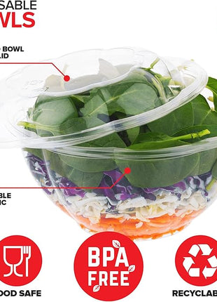 Stock Your Home 32oz Clear Plastic Salad Bowls with Lids Disposable (150 Pack) – Medium Takeout Containers with Snap-On Lids for Salads, Meal Prep, Acai Bowls, Fruit, To-Go Parties