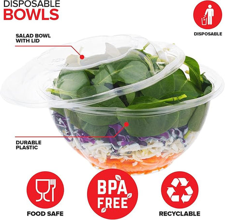 Stock Your Home 32oz Clear Plastic Salad Bowls with Lids Disposable (150 Pack) – Medium Takeout Containers with Snap-On Lids for Salads, Meal Prep, Acai Bowls, Fruit, To-Go Parties