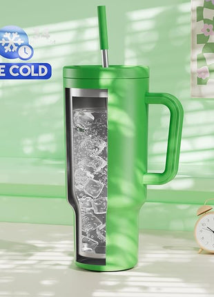 Meoky 40 oz Tumbler with Handle and Straw: Stainless Steel Insulated Tumbler with Lid and Straw - 100% Leak Proof Tumbler for Car Cup Holders - Travelers Commuters Workers, Green