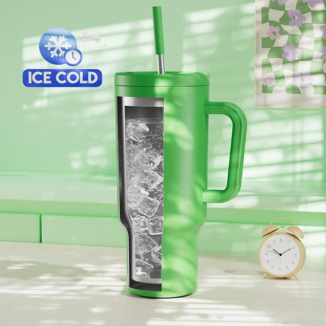 Meoky 40 oz Tumbler with Handle and Straw: Stainless Steel Insulated Tumbler with Lid and Straw - 100% Leak Proof Tumbler for Car Cup Holders - Travelers Commuters Workers, Green