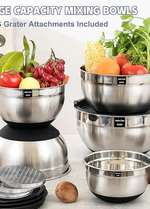 Umite Chef Mixing Bowls with Airtight Lids, 8PCS Stainless Steel Nesting Mixing Bowls Set, 3 Grater Attachments & Non-Slip Bottoms, Black Kitchen Bowls, Size 5, 4, 3.5, 2, 1.5QT for Baking & Serving