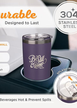 Christian Art Gifts Stainless Steel Double Wall Vacuum Insulated Tumbler 18 oz Purple Bible Verse Travel Mug with Retractable Lid for Women with Bible Verse - Be Still & Know - Psalm 46:10