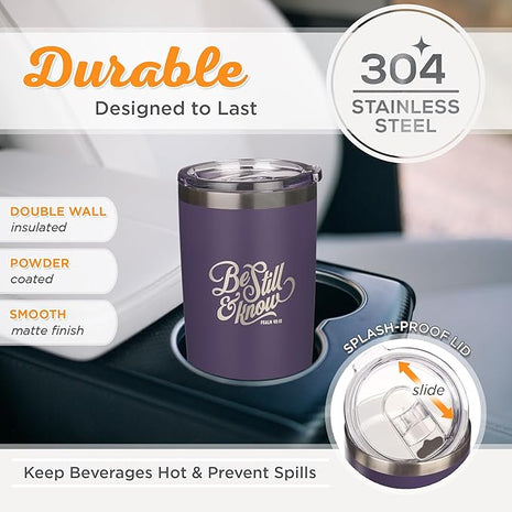 Christian Art Gifts Stainless Steel Double Wall Vacuum Insulated Tumbler 18 oz Purple Bible Verse Travel Mug with Retractable Lid for Women with Bible Verse - Be Still & Know - Psalm 46:10