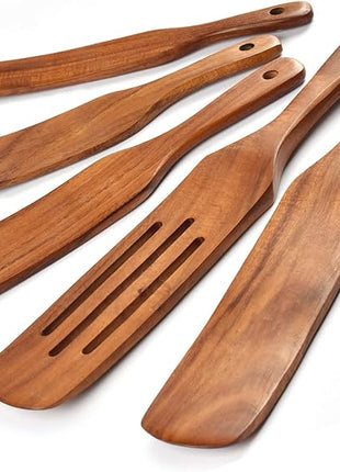 Spurtle Set,Wooden Spurtle Set of 5,Wooden Spoons for Cooking, Natural Teak Wooden Spatula for Cooking, Stirring, Mixing, Serving,Spurtles Kitchen Tools As Seen On Tv, Sourdough Starter Spatula