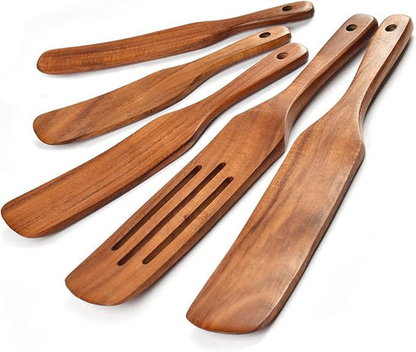 Spurtle Set,Wooden Spurtle Set of 5,Wooden Spoons for Cooking, Natural Teak Wooden Spatula for Cooking, Stirring, Mixing, Serving,Spurtles Kitchen Tools As Seen On Tv, Sourdough Starter Spatula